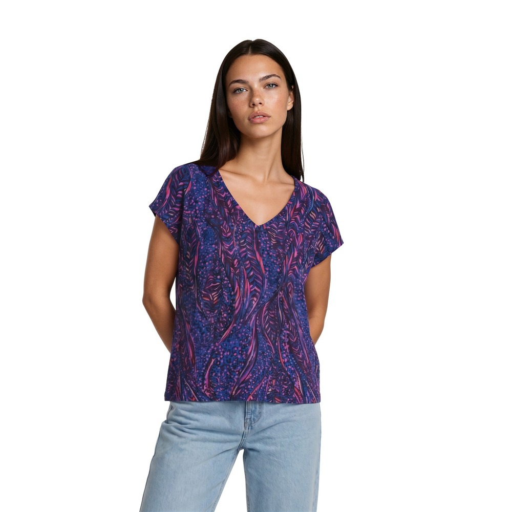 Lilly Pulitzer V-Neck Top Women's Small Blue Pink Abstract Feather Cotton Shirt